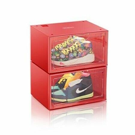 2Pack Voice Control LED Sneaker Storage Boxes Drop Side Shoe Boxes Clear Plastic Stackable Col Red 36x29x22cm