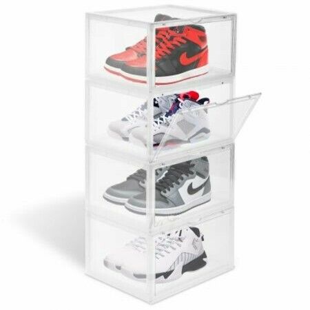 4pcs Storage Shoe Box, Foldable Clear Sneaker Display Box, Stackable Plastic Storage Bins 36X33X21CM