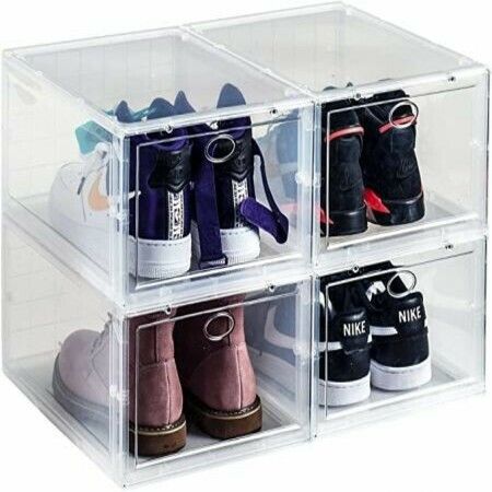 4pcs Storage Shoe Box, Foldable Clear Sneaker Display Box, Stackable Plastic Storage Bins 36X33X21CM