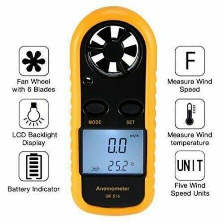 Anemometer, Digital LCD Wind Speed Meter Gauge Air Flow Velocity Thermometer Measuring Device with Backlight for Windsurfing, Sailing, Kite Flying, Surfing Fishing Etc.