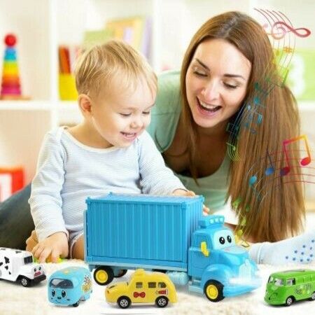 Construction Truck Set with Sound and Light, Transport Cargo Car Toy Play Set, Car Toy Set for 3-7 Years Old Kids Child Blue (Small Car Color Random)