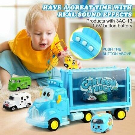 Construction Truck Set with Sound and Light, Transport Cargo Car Toy Play Set, Car Toy Set for 3-7 Years Old Kids Child Blue (Small Car Color Random)