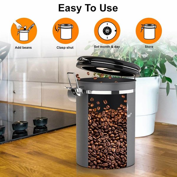 18L Stainless Steel Kitchen Food Storage Airtight Coffee Container with Scoop for Beans, Grounds, Tea, Flour, Cereal, Sugar with Date Tracker