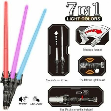 Light Up Saber 2-in-1 (7 Colors) LED Dual Laser Swords, FX Sound (Motion Sensitive) and Telescopic Handle Light Swords for Galaxy War Fighter Warriors, Halloween Dress Up Parties Xmas Present, 1 Pack