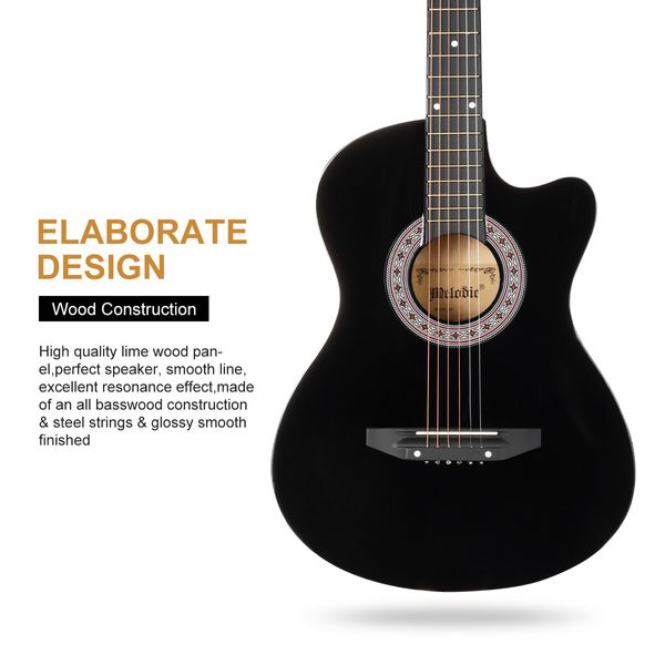 Melodic 38 Inch Dreadnought Folk Acoustic Guitar Pack Classical Cutaway Black