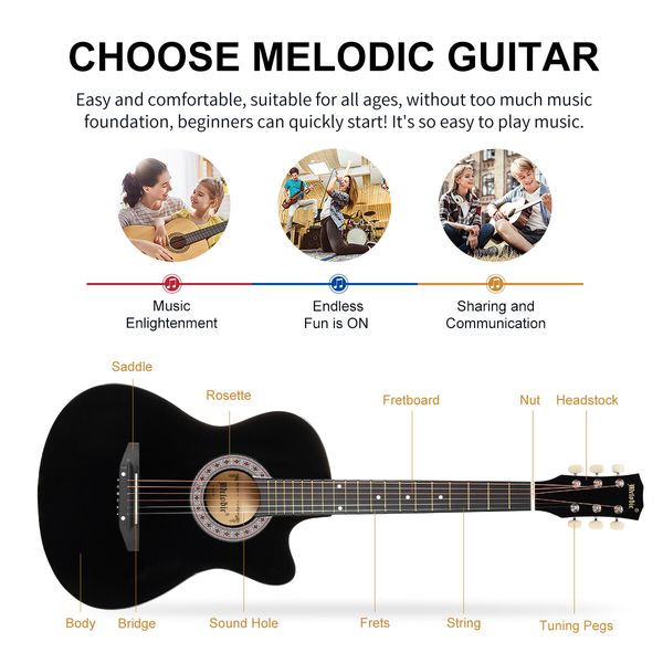 Melodic 38 Inch Dreadnought Folk Acoustic Guitar Pack Classical Cutaway Black