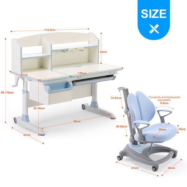 Blue Ergonomic Children Kids Study Desk and Chair Set Height Adjustable Storage Shelf Drawer 