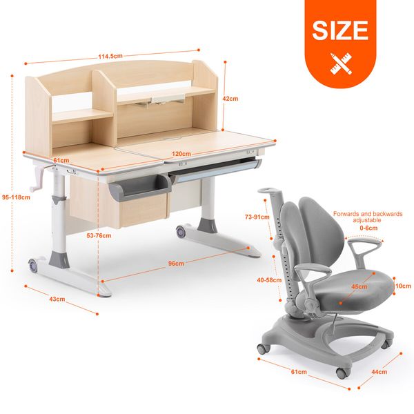 Ergonomic Children Kids Study Desk and Chair Set Grey Height Adjustable Storage Shelf Drawer 