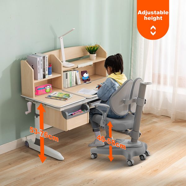 Ergonomic Children Kids Study Desk and Chair Set Grey Height Adjustable Storage Shelf Drawer 