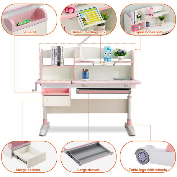 Kids Study Desk and Chair Set Pink Ergonomic Children Height Adjustable Storage Shelf Drawer 