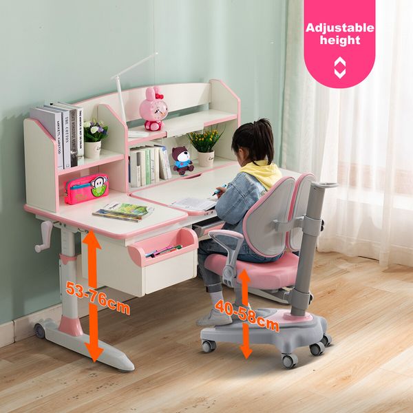 Kids Study Desk and Chair Set Pink Ergonomic Children Height Adjustable Storage Shelf Drawer 