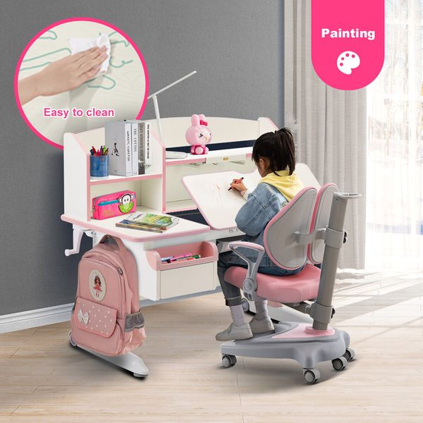 Kids Study Desk and Chair Set Pink Ergonomic Children Height Adjustable Storage Shelf Drawer 