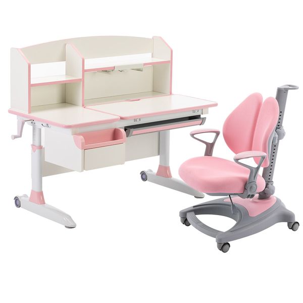 Kids Study Desk and Chair Set Pink Ergonomic Children Height Adjustable Storage Shelf Drawer 