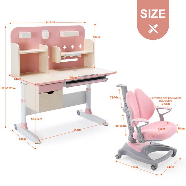 Children Kids Study Desk and Chair Set Height Adjustable Bookshelves Drawers Magnetic Backboard Pink