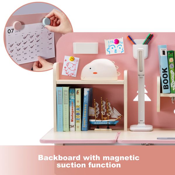 Children Kids Study Desk and Chair Set Height Adjustable Bookshelves Drawers Magnetic Backboard Pink