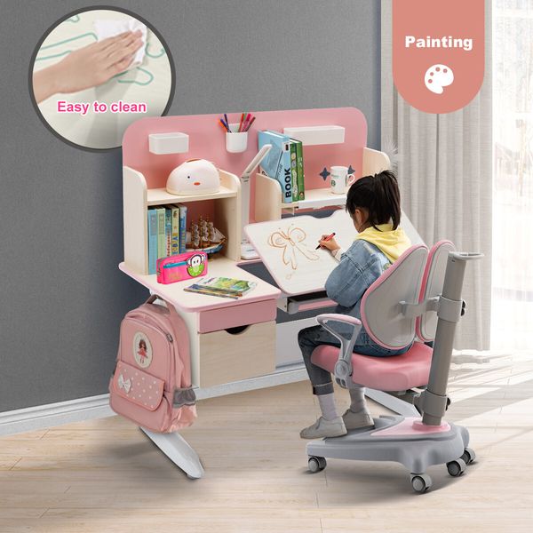 Children Kids Study Desk and Chair Set Height Adjustable Bookshelves Drawers Magnetic Backboard Pink