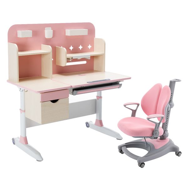 Children Kids Study Desk and Chair Set Height Adjustable Bookshelves Drawers Magnetic Backboard Pink