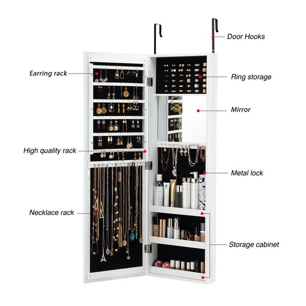 Wall Mounted Mirror Jewellery Cabinet Box Display Case Organiser Armoire Earrings Necklace Rings Holder 110cm