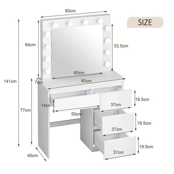 White Dressing Table Dresser Vanity Makeup Table with 12 LED Lighted Mirror and Four Drawers