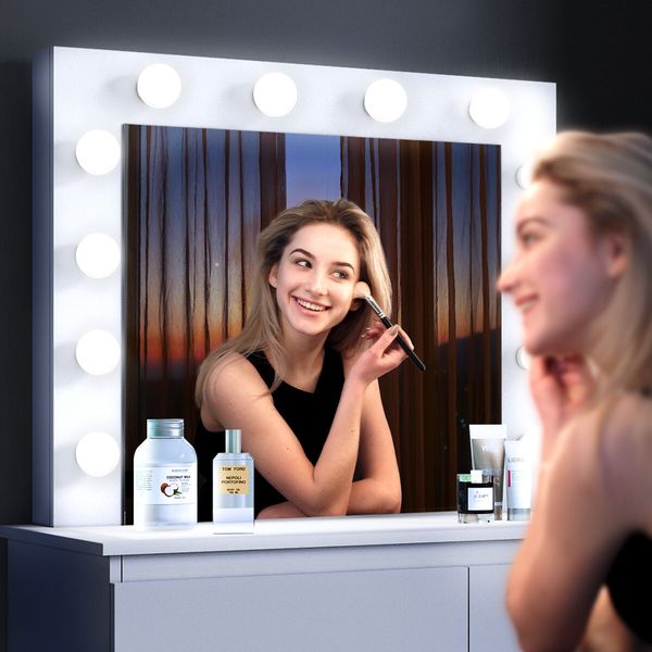 White Dressing Table Dresser Vanity Makeup Table with 12 LED Lighted Mirror and Four Drawers