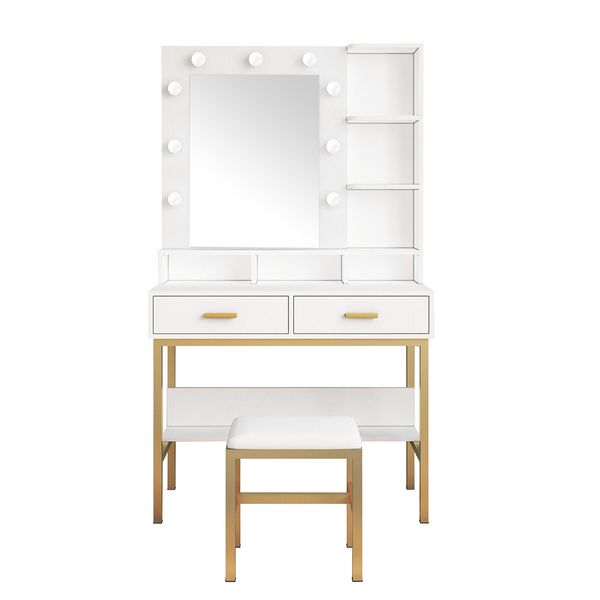 Large Dressing Table and Stool Set Vanity Makeup Dresser Table Set with 9 LED Lighted Mirror