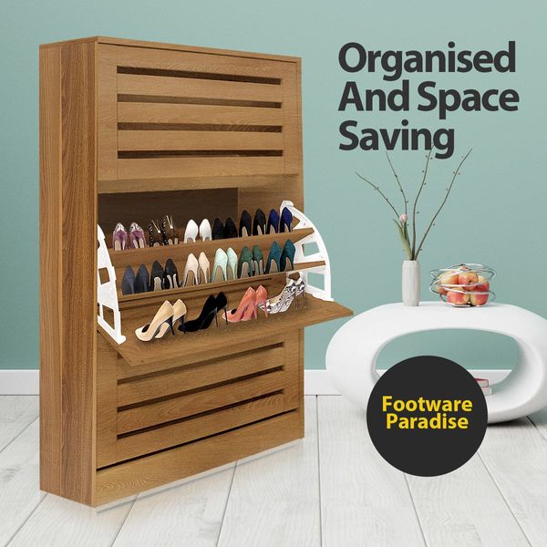 Oak Shoe Cabinet Rack Wooden Shelf Organiser w/3 Drawers  Shoes Storage