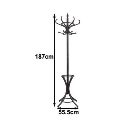 Rotating 12 hooks wooden coat stand clothes rack hat hanger with base ring for Umbrellas-Walnut