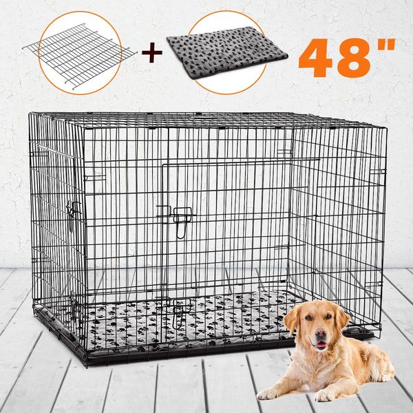 48" 2 doors 2 dividers XL collapsible Dog Crate Cage with pet bed