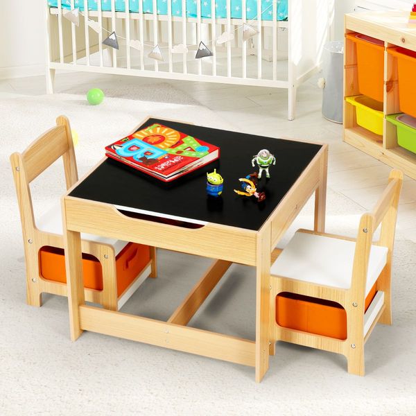 3 PCS kids table and chair set for children activity-big storage box under chair 2 sided tabletop