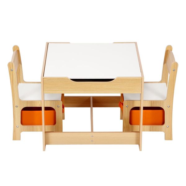 3 PCS kids table and chair set for children activity-big storage box under chair 2 sided tabletop