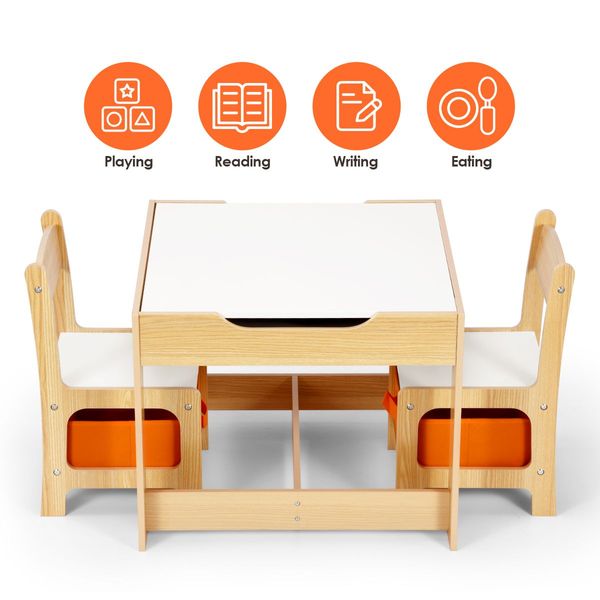 3 PCS kids table and chair set for children activity-big storage box under chair 2 sided tabletop