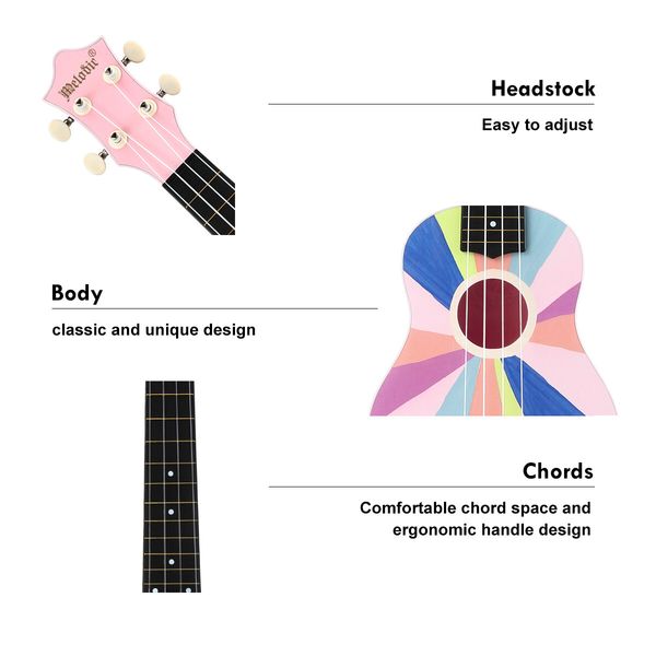 Melodic 21inch Soprano Ukulele Instrument for Kids Adults Beginners Professionals Pink