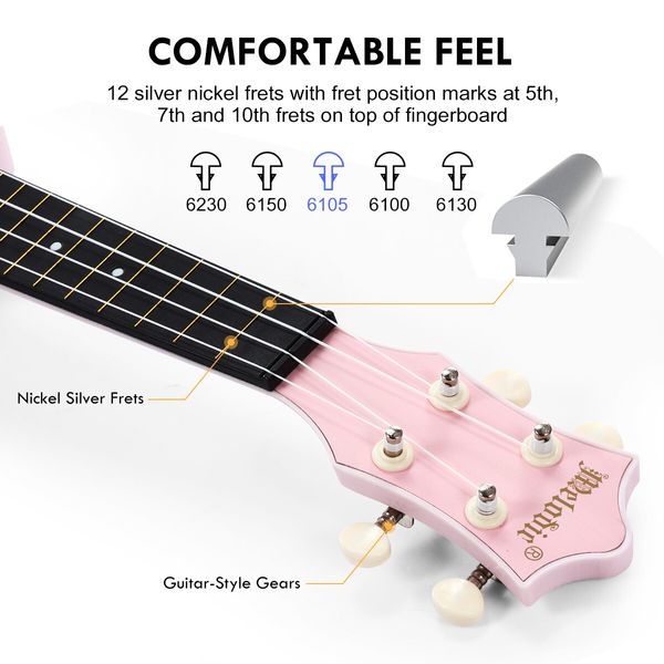 Melodic 21inch Soprano Ukulele Instrument for Kids Adults Beginners Professionals Pink