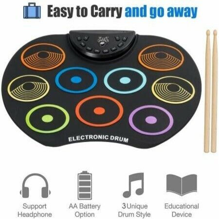 Flexible, Completely Portable Electronic Drum Set, Roll Up Drum Practice Pad with Headphone Jack without Speaker Drum Pedals 12 Hours Playtime, Great Holiday Birthday Gift for Kids