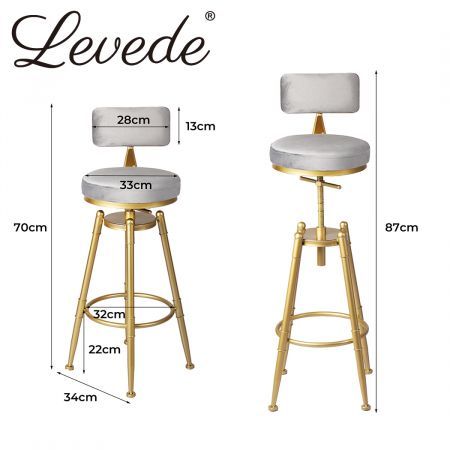 Levede Bar Stools Kitchen Stool Chair Swivel Barstools Velvet Padded Seat Grey