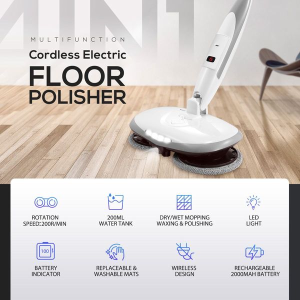 4 In 1 Cordless Electric Floor Mop Cleaner Polisher Sweeper Washer with Microfiber Pads for Wood Marble Tile