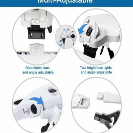 Head Mount Magnifier with LED Lights, Rechargeable Headset Magnifying Glasses Reading Aid