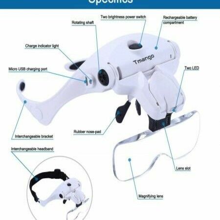 Head Mount Magnifier with LED Lights, Rechargeable Headset Magnifying Glasses Reading Aid