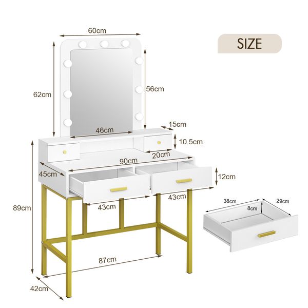 Hollywood Mirror Makeup Vanity Dressing Table 9 LED Lights 4 Drawers for Bedroom White and Gold