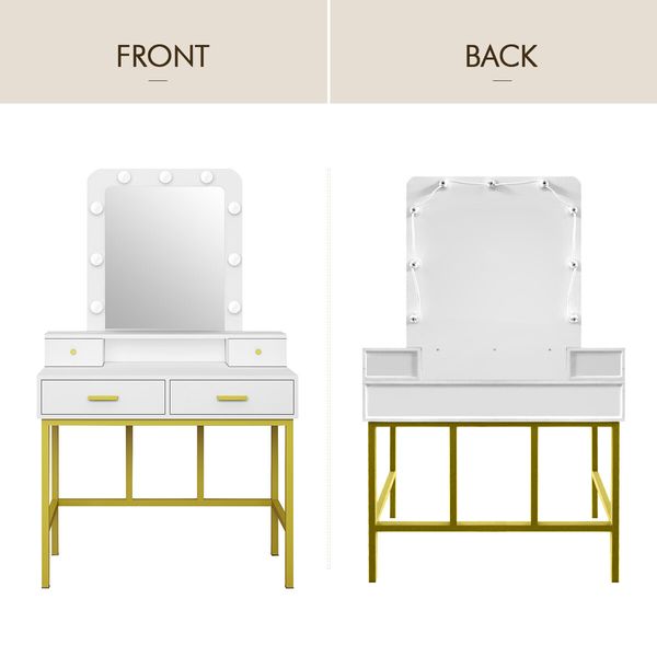 Hollywood Mirror Makeup Vanity Dressing Table 9 LED Lights 4 Drawers for Bedroom White and Gold