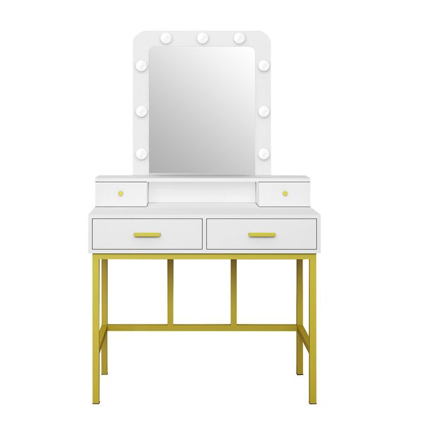 Hollywood Mirror Makeup Vanity Dressing Table 9 LED Lights 4 Drawers for Bedroom White and Gold