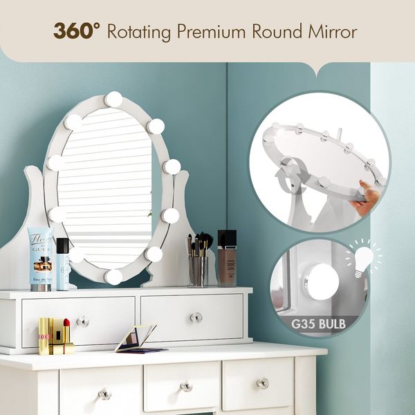 Vanity Dressing Table Stool Set Rotating Makeup Mirror 10 LED Lights Dresser 5 Drawers White