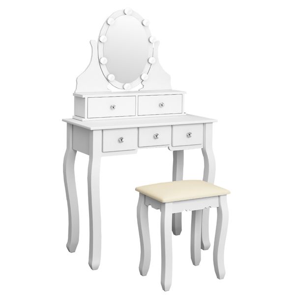 Vanity Dressing Table Stool Set Rotating Makeup Mirror 10 LED Lights Dresser 5 Drawers White