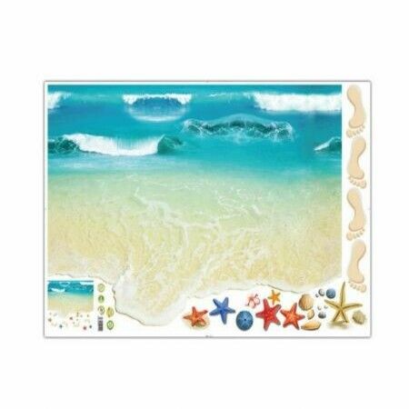 2PCS x 3D Beach footprint Sea Floor Sticker self-adhensive Waterproof 90X60CM