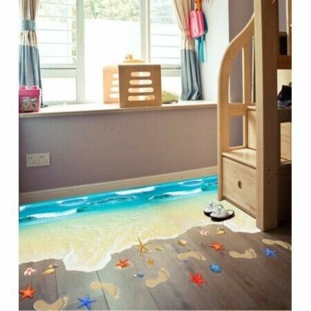 2PCS x 3D Beach footprint Sea Floor Sticker self-adhensive Waterproof 90X60CM