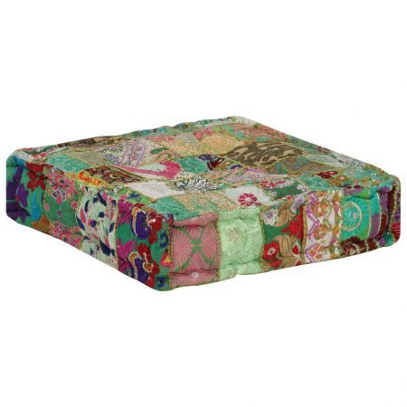 Patchwork Pouffe Square Cotton Handmade 50x50x12 cm Green