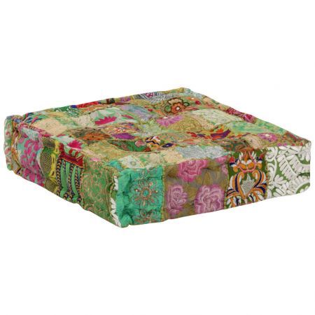 Patchwork Pouffe Square Cotton Handmade 50x50x12 cm Green