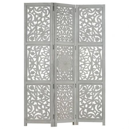 Hand carved 3-Panel Room Divider Grey 120x165 cm Solid Mango Wood