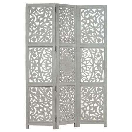 Hand carved 3-Panel Room Divider Grey 120x165 cm Solid Mango Wood