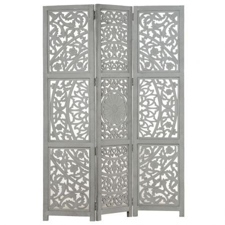 Hand carved 3-Panel Room Divider Grey 120x165 cm Solid Mango Wood